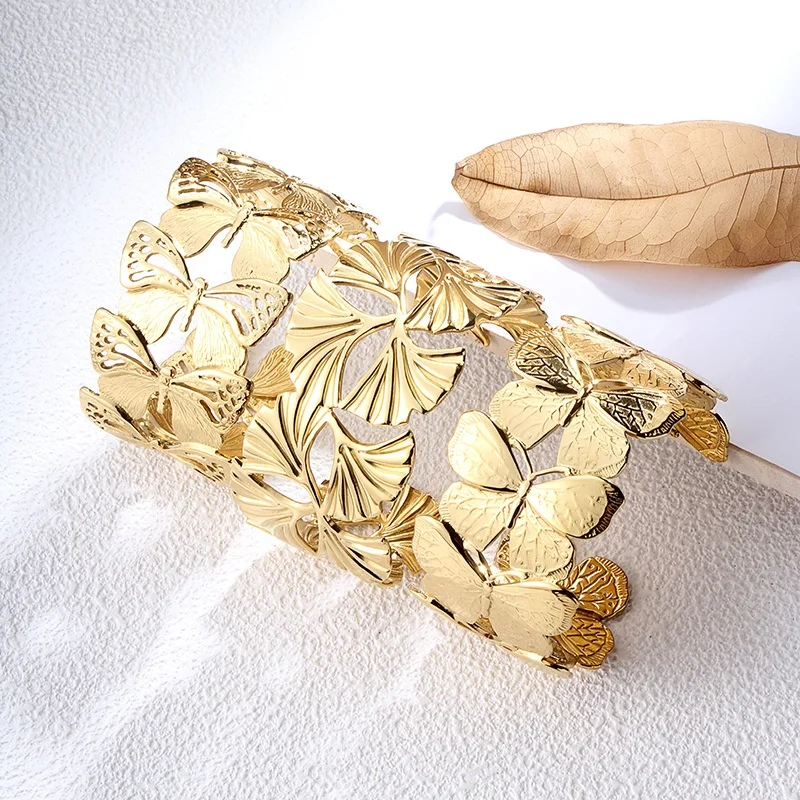 Middle East Hot-sale Stainless Steel Cuff Arm Bangle Exaggerated Butterfly Trendy Statement Hand Jewelry For Women Colorfast