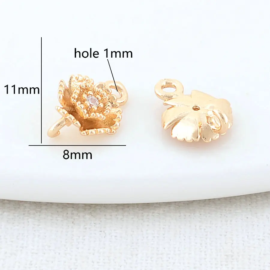 10PCS 8*11MM 14K Gold Color Brass with Zircon 2 Holes Rose Flower Connect Charms Pendants Jewelry Making Supplies