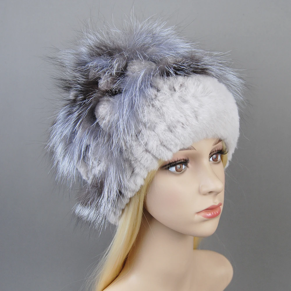 Women\'s Winter Fur Hat Natural Fur Knitted Real Rex Rabbit Fur Hats New Style Luxury Women Winter Silver Fox Fur Hat beanies