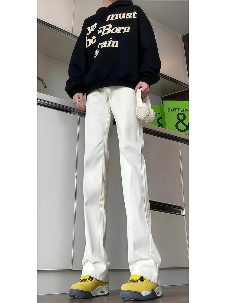 

White Men's Jeans Straight Leg Elastic Micro Flared Pants Spring Autumn Cotton Denim High Street American Vibe Youth Casual