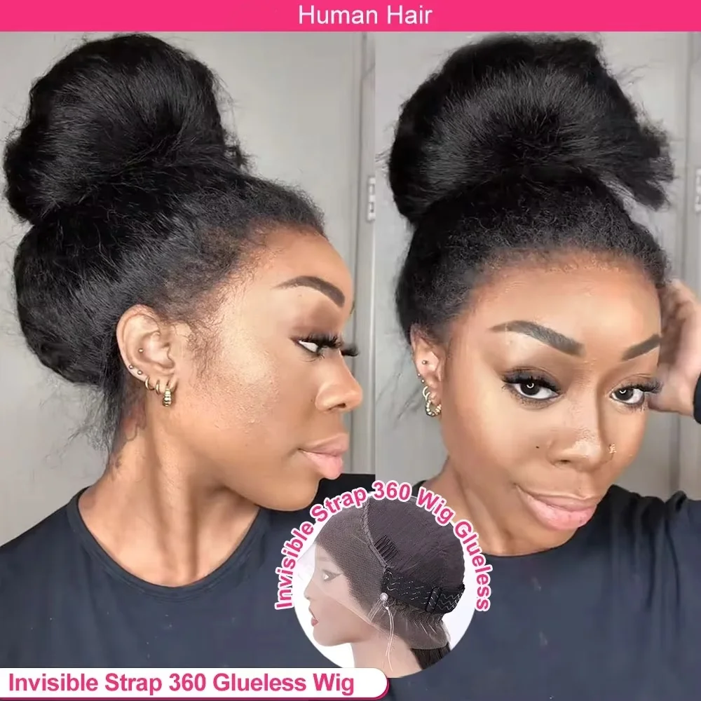 360 HD Invisible Strap Lace Front Wigs Human Hair Kinky Straight 250 Density Precut 360 Full Lace Wig Drawstring Glueless Wig
