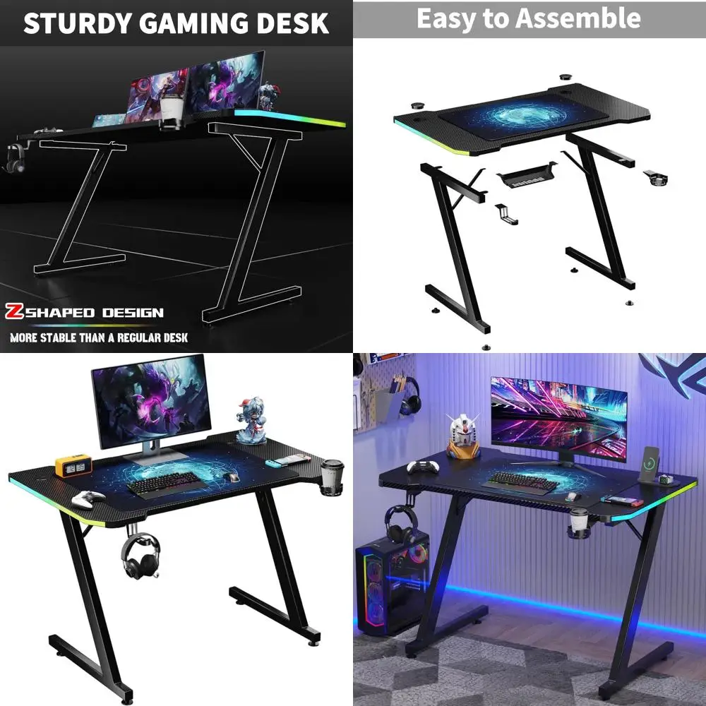 

Игровой стол Z-образной формы с светодиодной подсветкой 47, ковриком для мыши, подстаканником и крючком для наушников для геймеров ПК