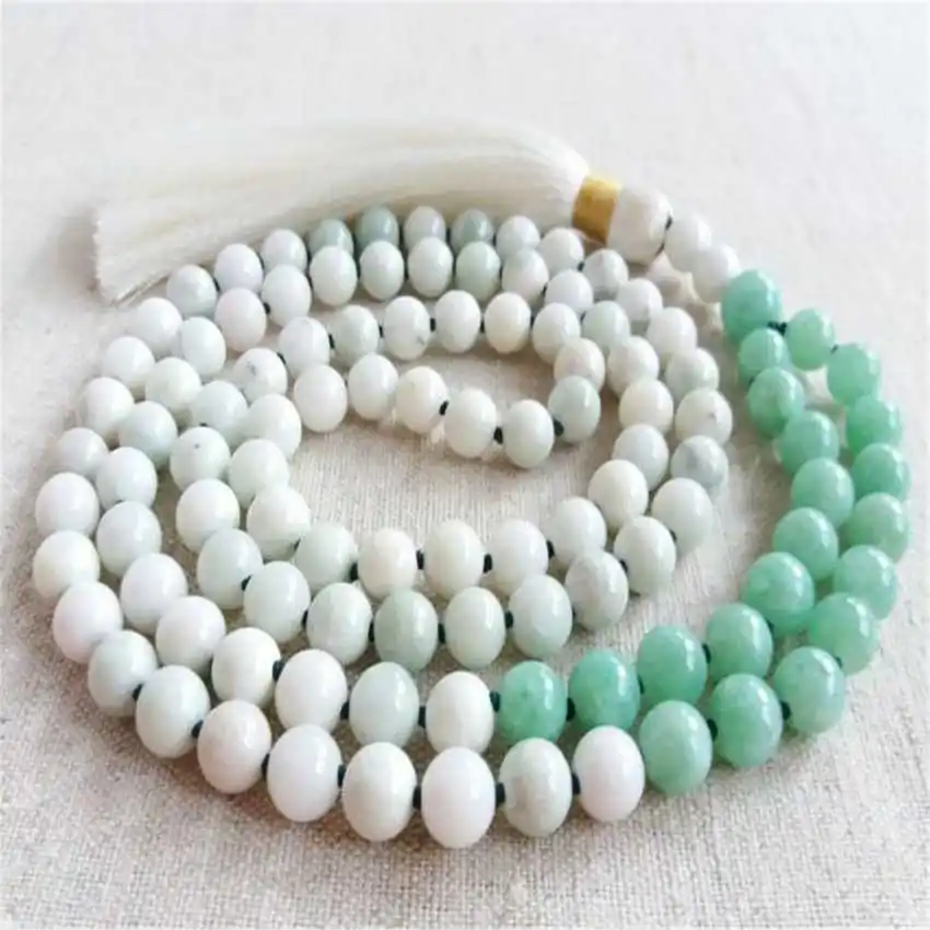 

Natural White Jade & Green Aventurine Mala Beads Necklace 108 Beads with Tassel Healing Crystal Jewelry