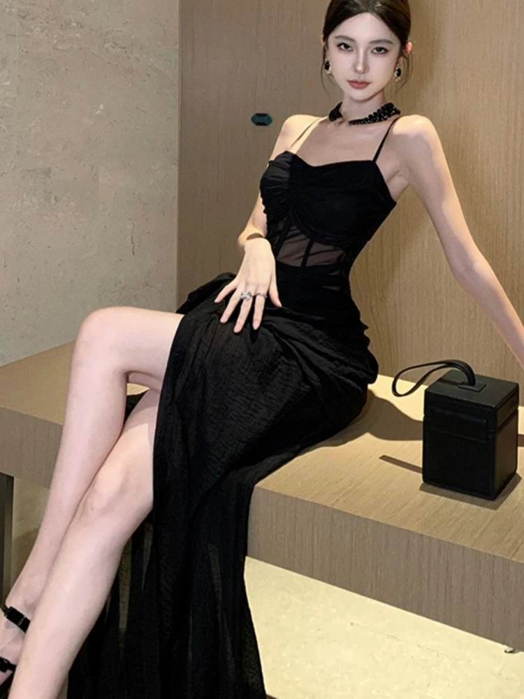 Sexy Bodycon Black Dresses for Women Spaghetti Strap Evening Party Dress High Split Prom Robe Y2K Korean Chic Vestidos Mujer