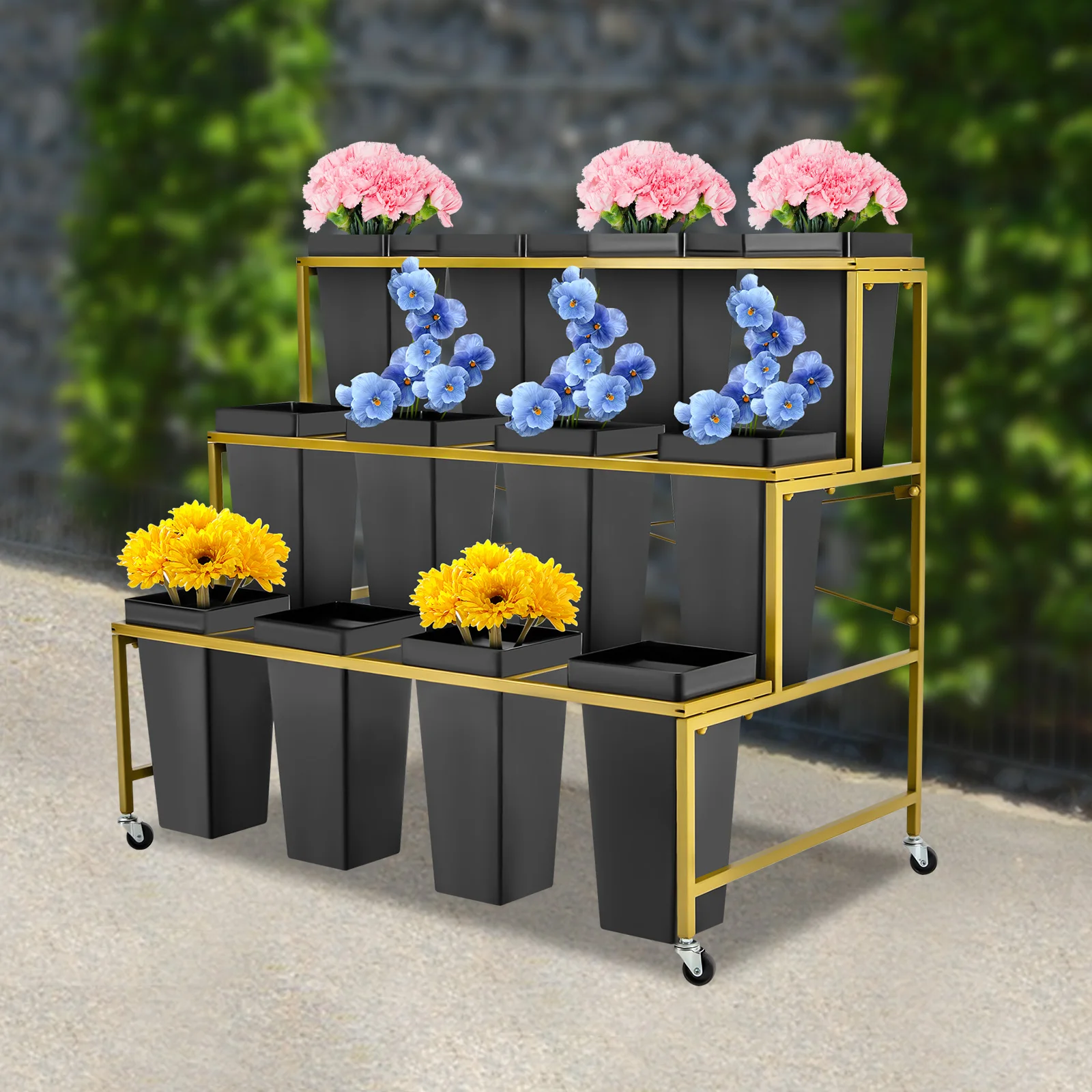 3 Layers Metal Gold Rolling Flower Display Stand with Wheels 12 Black Buckets Plant Rack for Indoor Home Florist