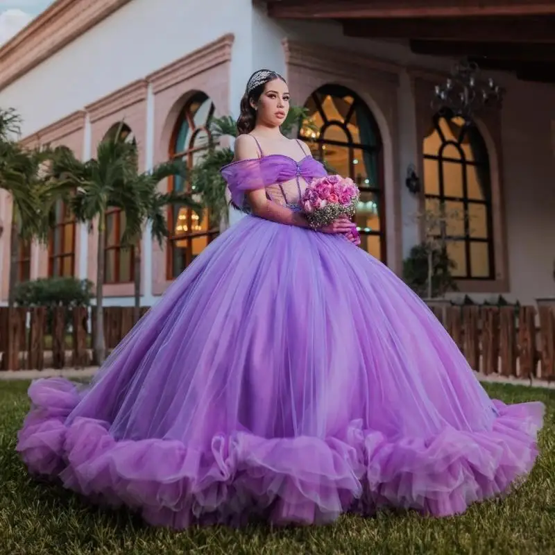 Personalizado brilhante roxo lilás quinceanera vestido de baile apliques suspensórios miçangas babados doce 16 vestido de 15 anos