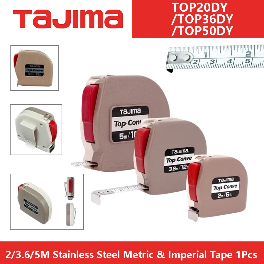 Cinta métrica e imperial de acero inoxidable TAJIMA, 1 Uds. Con Clip, bloqueo automático, Mini cinta de 2/3,6/5m, herramienta de medición de precisión, serie TOP