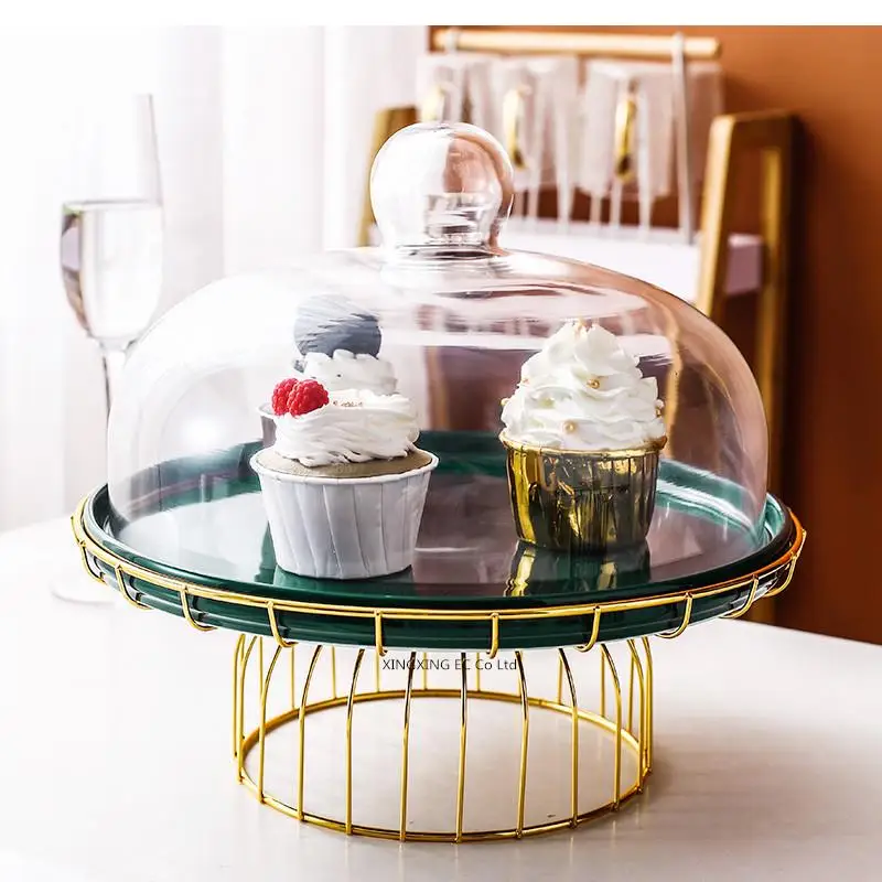 Nordic Ceramic Plate Transparent Glass Cover Cake Tray Wrought Iron Household Tableware Fruit Dessert Table Display Stand