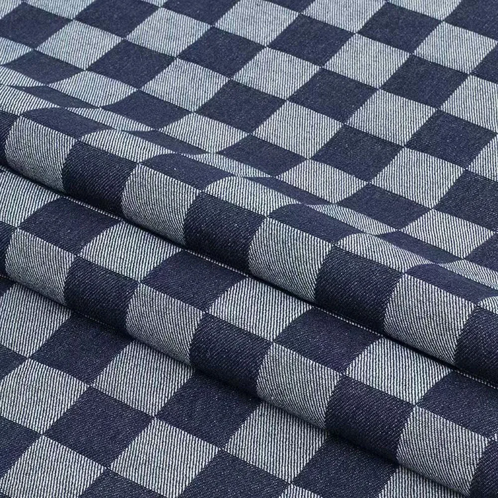 Jacquard Denim Fabric Checkerboard Pattern Cotton Twill Heavy Duty Stretch Material For Sewing Jeans Jacket Bags DIY Craft