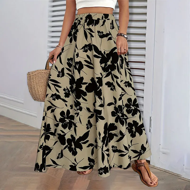 Elegant Floral Print Long Skirts For Women 2024 Summer Beach Fashion High Waist Cute Maxi Dresses Skirt Female