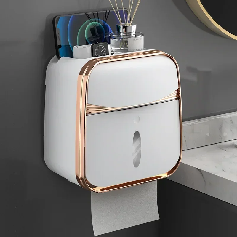 Toilet Tissue Box Wall-Mounted Waterproof Toilet Paper Box Free Punch Tissue Box Toilet Paper Roll Paper Storage Rack