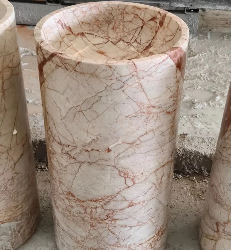 Factory Direct Custom Size Bulk Price Round Red Marble Free Standing Pedestal Sink Polished Natural Stone Bathroom Basin Villa