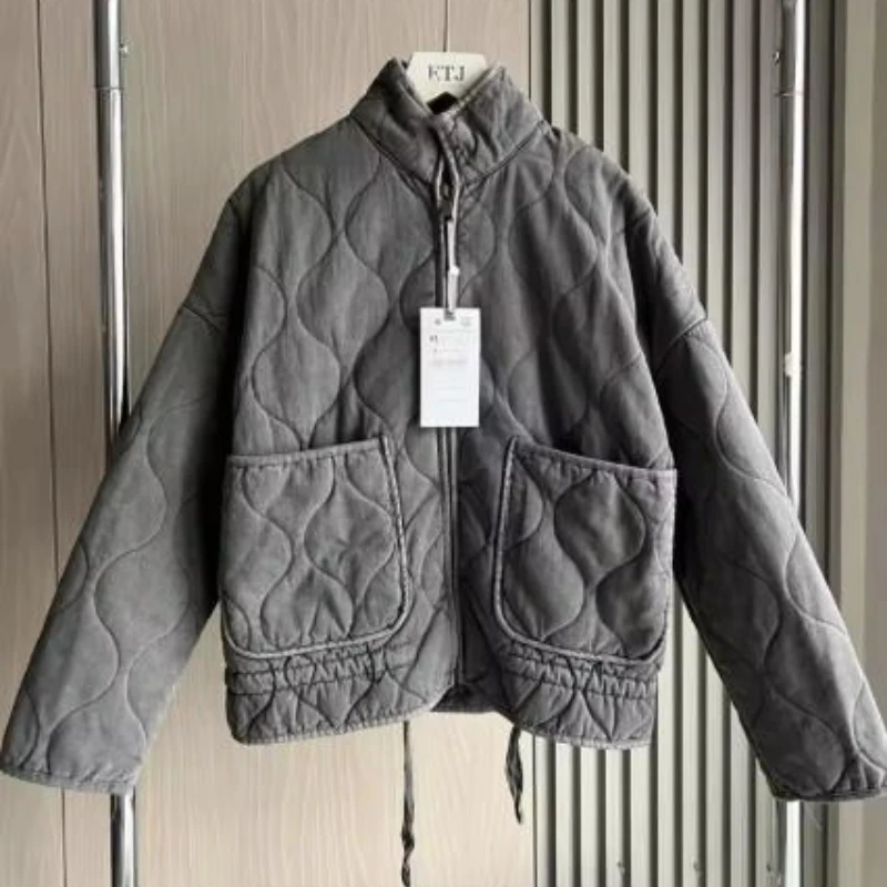 

Женская хлопковая куртка, осень 2022, Новое поступление, винтажное стеганое пальто из искусственного шелка с высоким воротником и большим карманом для женщин, верхняя одежда