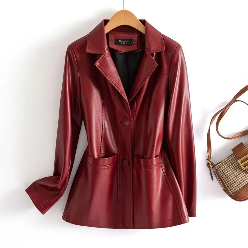 موضة جديدة لعام 2026 سترات من جلد الغنم للنساء معاطف قصيرة غير رسمية من الجلد الحقيقي بأكمام طويلة مغطاة بأزرار وخصر مطاطي سترات نسائية