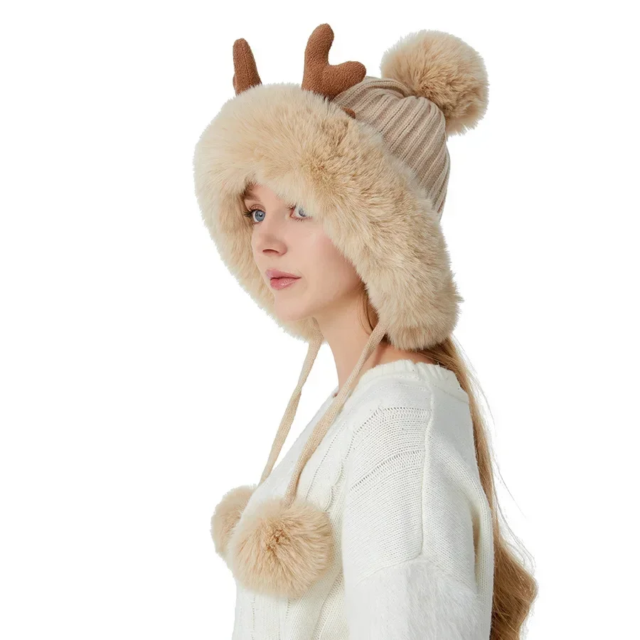 Christmas New Cute Antlers Three Hair Ball Knitted Hat Winter Wool Warm Plush Wool Hat Fashion and Leisure