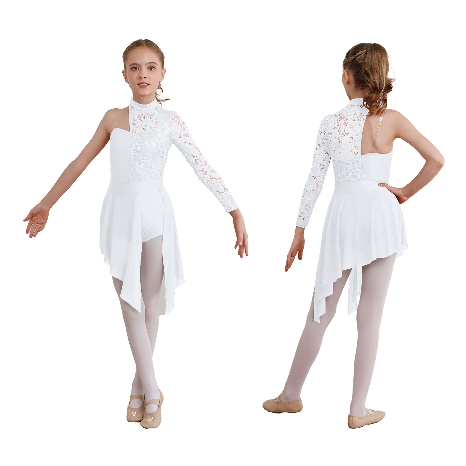 

Kids Girls Lyrical Dance Figure Skating Dress One Shoulder Floral Lace Split Ballet Gymnastics Leotard Stage Performance Costume