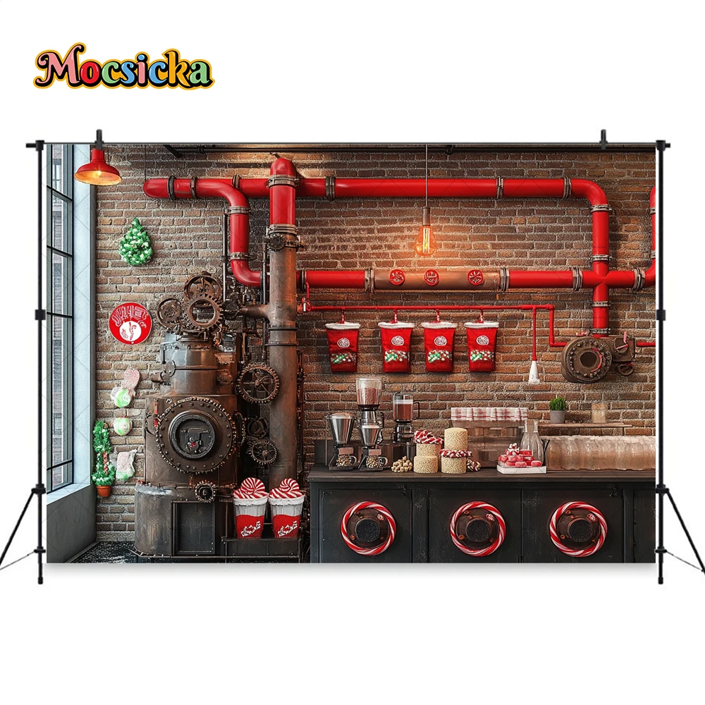 Retro Christmas Candy Factory Background Photography Santa Claus Workshop Red Brick Wall Backdrop Xmas Portrait Studio Decor