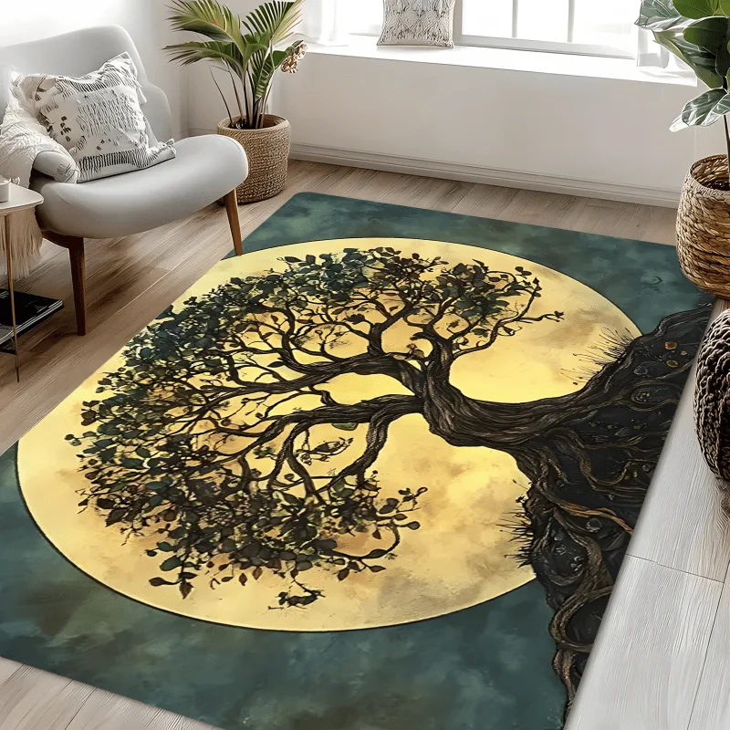Ancient Tree of Life Flannel Rug Round Yellow Forest Nature Floor Mat Soft Non-slip Area Carpet for Living Room Bedroom Decor