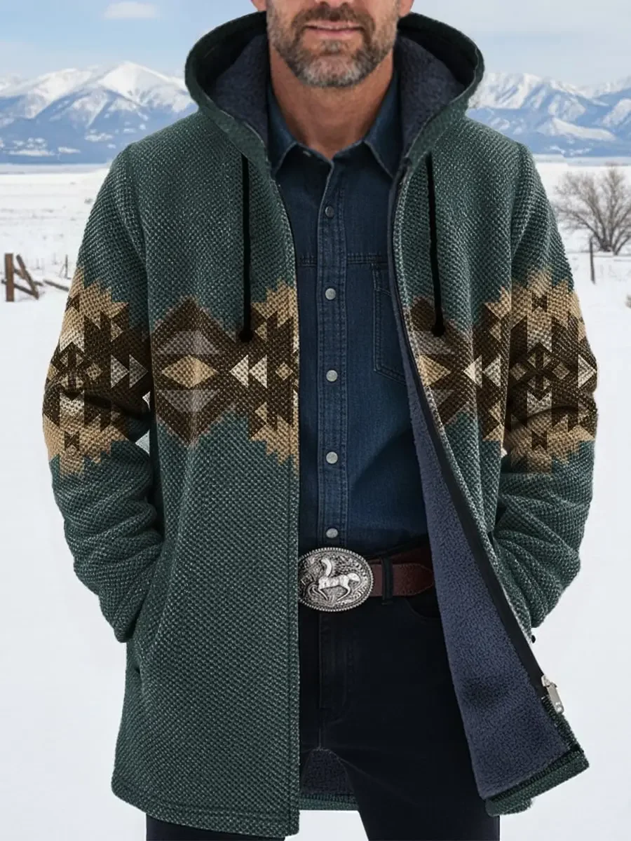 Vintage Aztec Art 3D Printed Plush Thick Long-Sleeved Cardigan Coat Men's Thick Warm Jacket 01