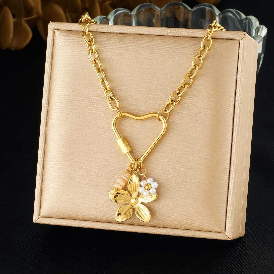 LAMENGLY 316L الفولاذ المقاوم للصدأ الإبداعية القلب قفل اللؤلؤ زهرة قلادة قلادة سيدة بسيطة الاتجاه سلسلة عنق هدايا مجوهرات الحفلات