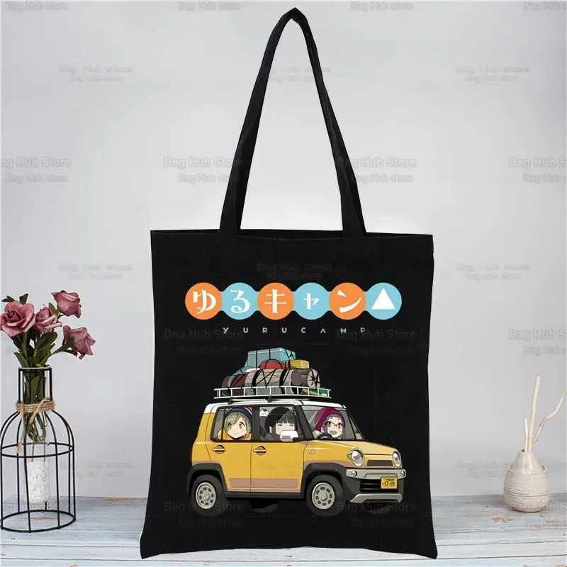 Yuru Camp Canvas Tote Black Bags Harajuku Casual Tote Eco Shopper Anime Nadeshiko Shoulder Bags