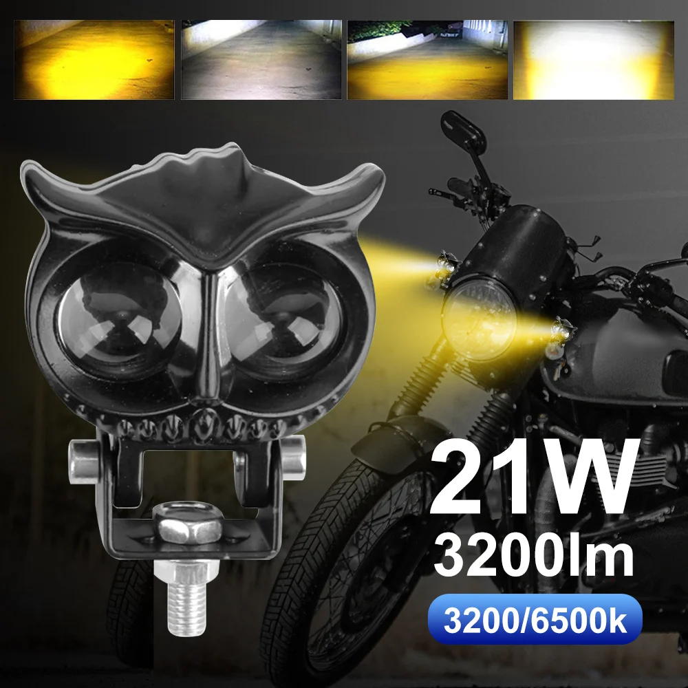 PECHAM Motorcycle Spotlights Led Small Yellow White Owl Four Mode Spotlights 32W 9-85V Motorcycle Lamp Universal Moto Headlight