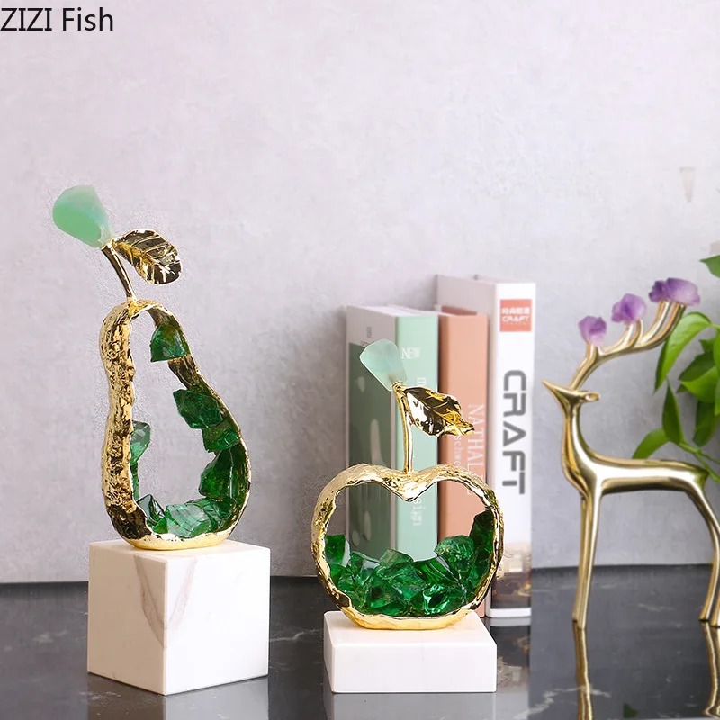 

Green Crystal Apple Pear Ornament Marble Pedestal Crystal Metal Statue Art Sculpture Display Model Home Decoration Crafts Gifts