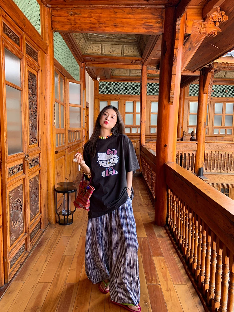 กางเกงขายาวทรงกว้างผ้าบางสำหรับฤดูร้อน ลายสก็อตสีขาวดำ เอวยางยืด ดีไซน์ทันสมัย สไตล์ลำลอง