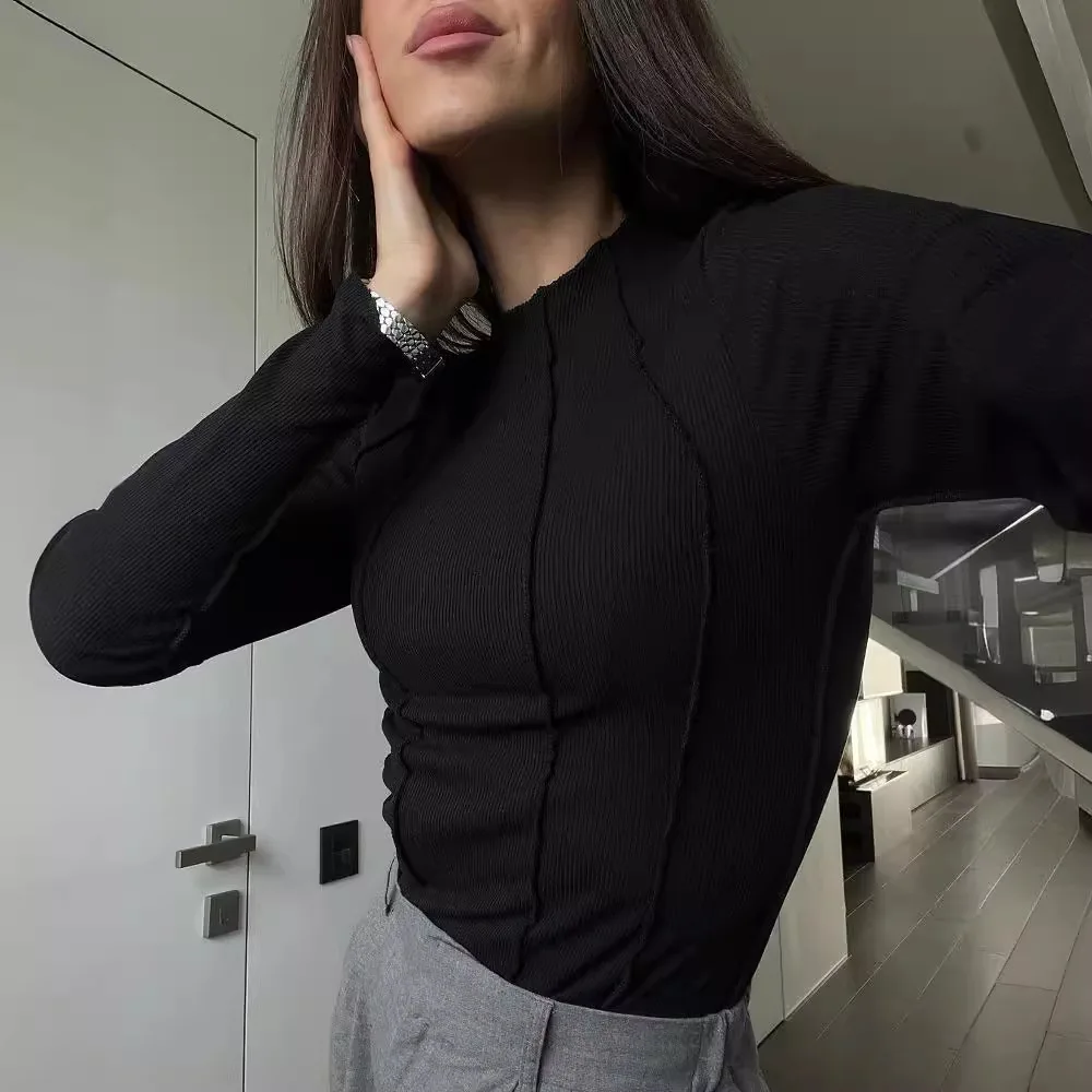 Pull Noir à Manches sulfet Col Rond pour Femme, Pull Beige Décontracté, Tendance Simple, Version Coréenne Y, Printemps et Automne