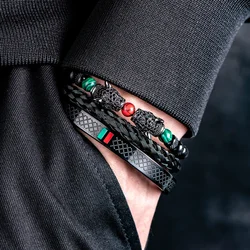 Gioielli da uomo in acciaio inossidabile con bracciale rosso verde smaltato a doppia testa di leopardo di lusso personalizzati