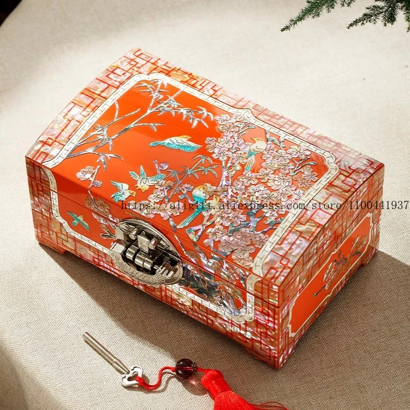 

Chinese Lacquer Jewelry Box with Bamboo Design Mother-of-Pearl Inlaid Storage for Bracelets Necklaces Watches Elegant Gift