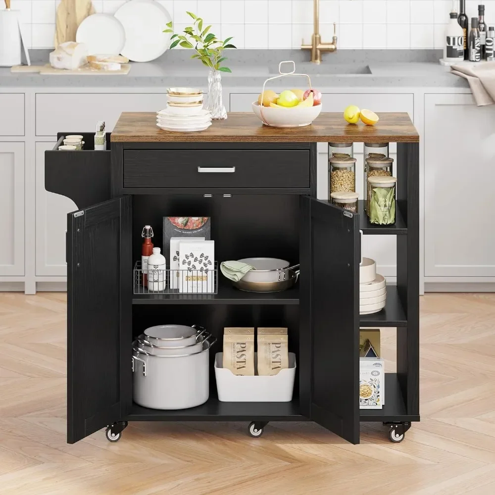 with Storage, Rolling Kitchen Island on Wheels with Drawer Open Shelves & Wine Rack Spice Rack, Kitchen Cart