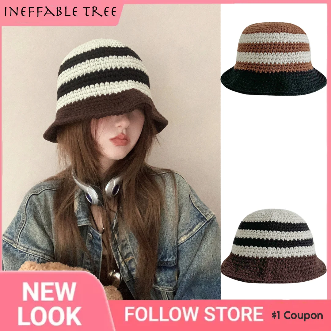 

INS Autumn Color Striped Knitted Fisherman Bonnet Hats for Women Retro Casual Versatile Washbasin Bucket Hat Sombrero Pescador