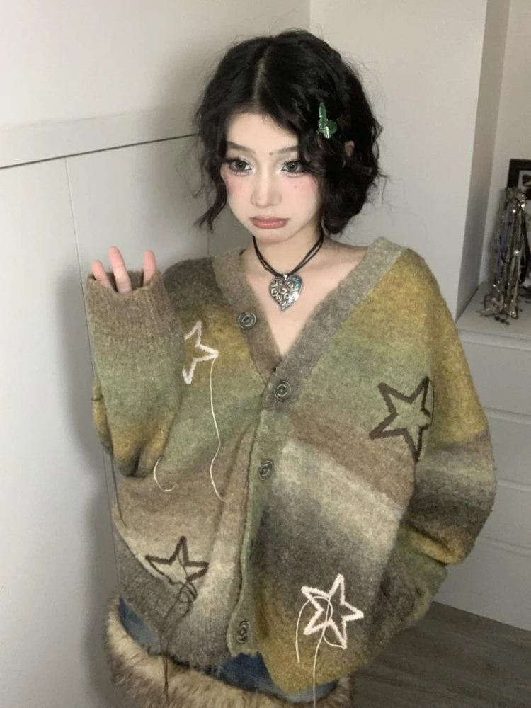 Vintage Loose Embroidery Star Grunge Cardigans Casual Women Single Breasted Sweaters New Fashion Y2k Aesthetic Harajuku Knitwear