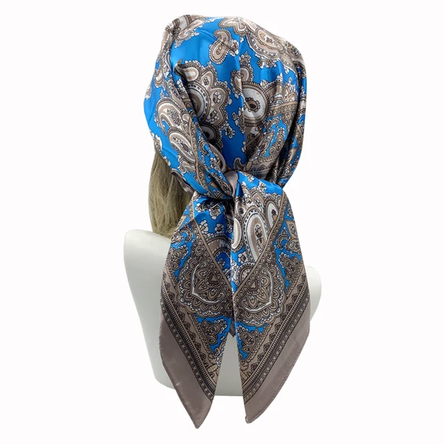 90*90cm Square Silk Scarves Women Hijab Shawls Fashion Print Kerchief Femme Head Scarf Foulard Bandana Beach Pareo 5