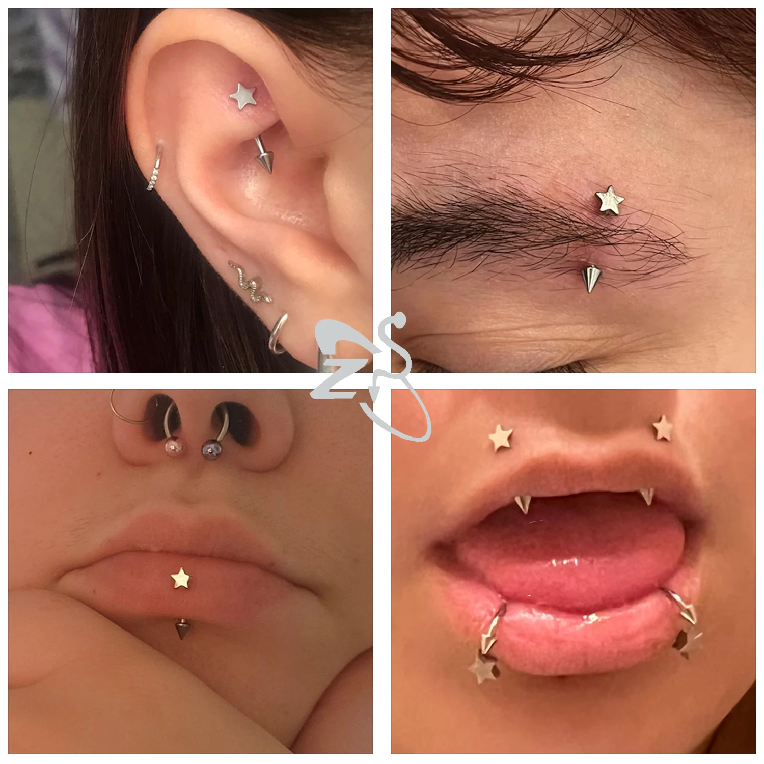 ZS 1PC Spike Bridge Piercing Stainless Steel Eyebrow Ring Curved Barbell Cartilage Earring Heart Moon Star Cone Labret Piercing image 6
