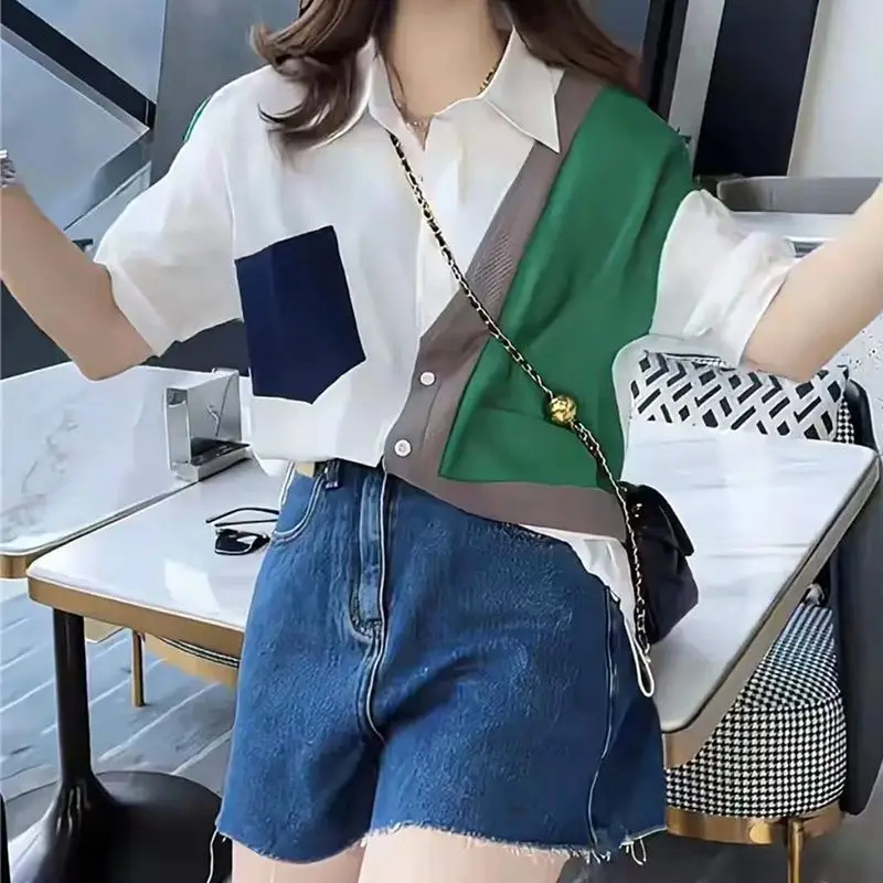 Summer Clothes for Women Thin Simplicity Fashion Color Matching Turn-down Collar Shirt Button Patchwork Loose Blouses Trend