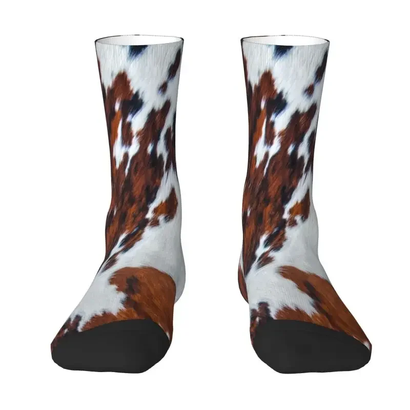 Novelty Mens Rustic Cow Faux Fur Skin Leather Dress Socks Unisex Breathbale Warm 3D Printing Animal Cowhide Texture Crew Socks