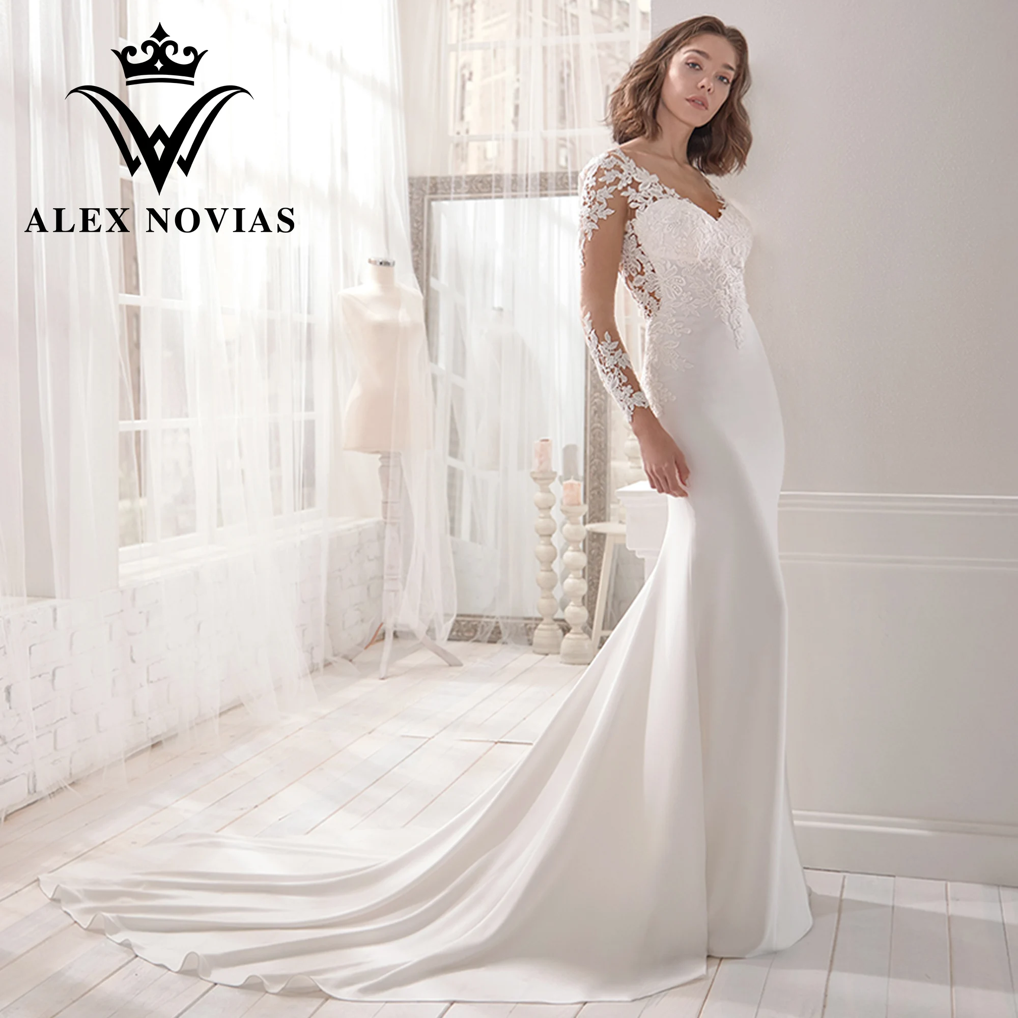 

ALEX NOVIAS Mermaid Satin Wedding Dress 2023 V-neckline Long Sleeve Illusion Button Wedding Gown Sweep Vestido Novias De Saten