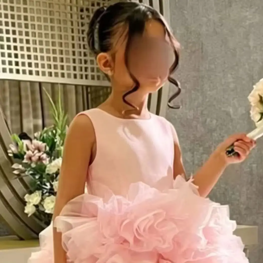 Elegant Customized Sleeveless Satin Bow Floor Lenght Flower Girl Dress for Wedding Kids Birthday Party Evening Ball Gowns