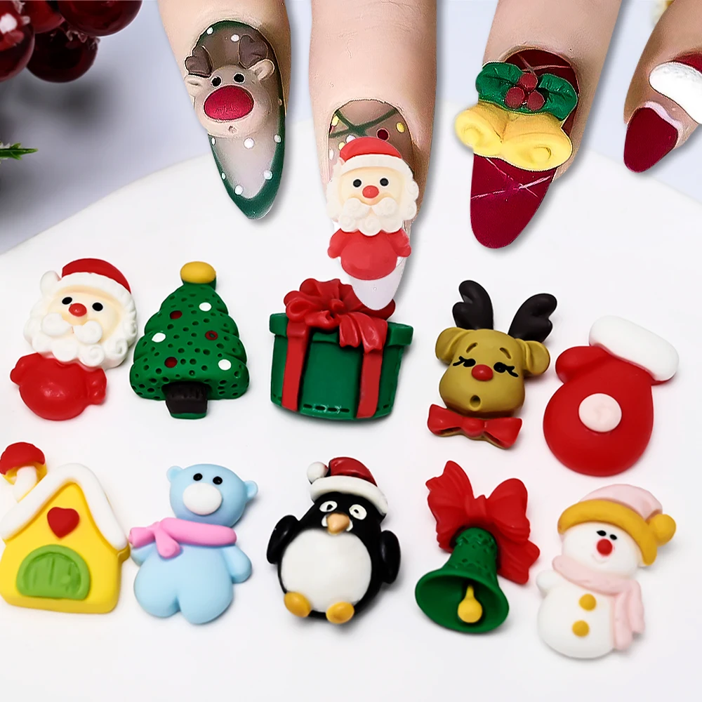 5pcs Christmas Series Nail Charms Cartoon Cute Resin Santa Claus Flatback Nail Decorations DIY Bracelet Keyring Accessories