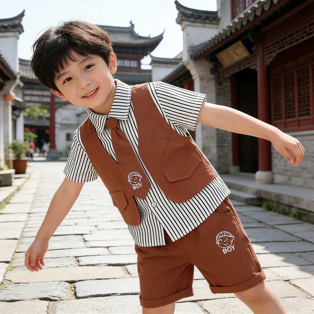

2026 New Summer Short Sleeve Boys Suit Striped Shirt and Shorts Two Pieces Sets for Children Casual Outfits Korean Style Costume