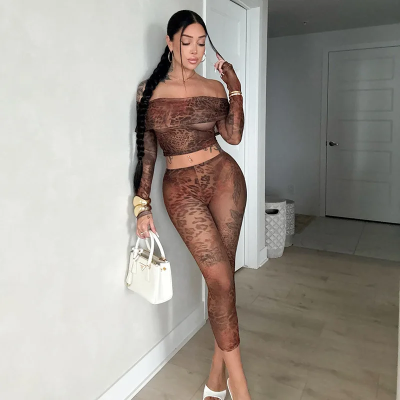 

Floral Leopard Print See Through Mesh 2 Piece Set Women Sexy Off Shoulder Long Sleeve Crop Tops + Skinny Capris Pants Club Suits