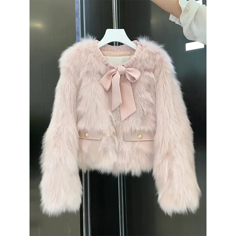 

Winter Ladies Korean Long Sleeve Design Furry Short Outerwears New Pink Faux Fur Coat Women Fashion Elegant Bow Fluffy Jacket