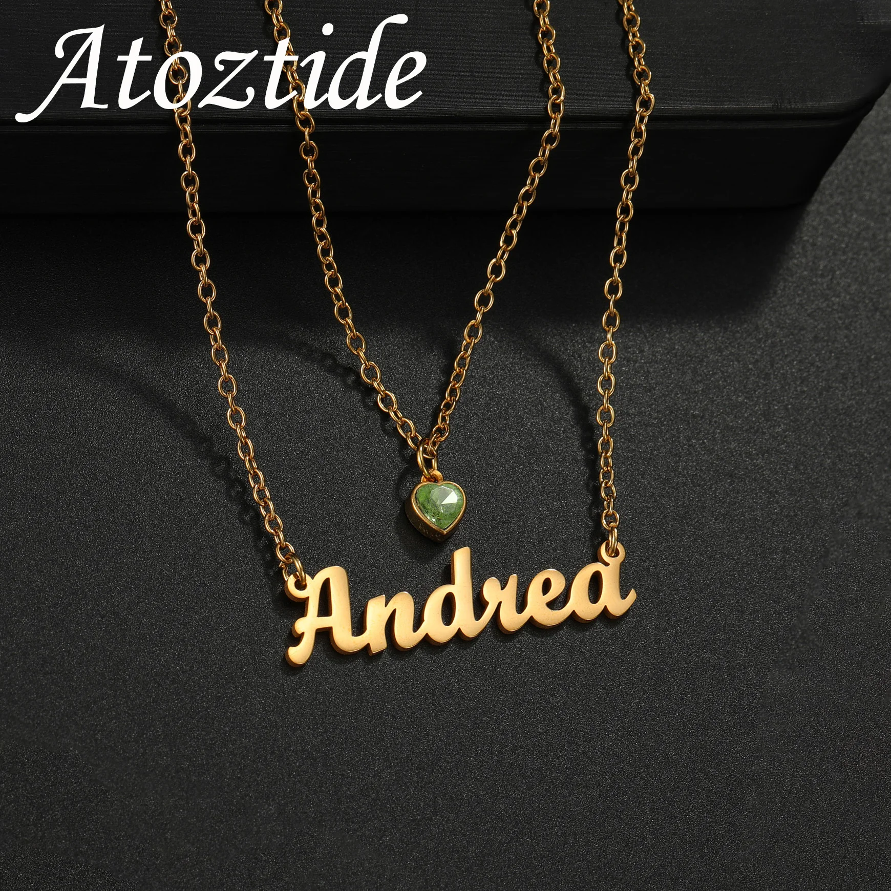 Collier personnalisé avec nom Atoztide pour femmes et hommes, en forme de cœur, avec zircon et pierre de naissance, bijou en acier inoxydable, cadeau de Noël personnalisé.