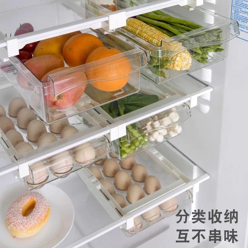 Plastic Clear Fridge Organizer Slide Under Shelf Drawer Box Rack Holder Refrigerator Drawer Kitchen Fruit Food Storage Box