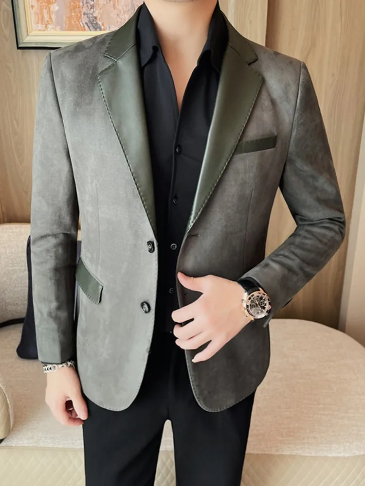Business Men Spring Solid Color Long Sleeves Patchwork Slim Fit Work Blazer Single Breasted Casual Suit Jacket Fashion Male Coat