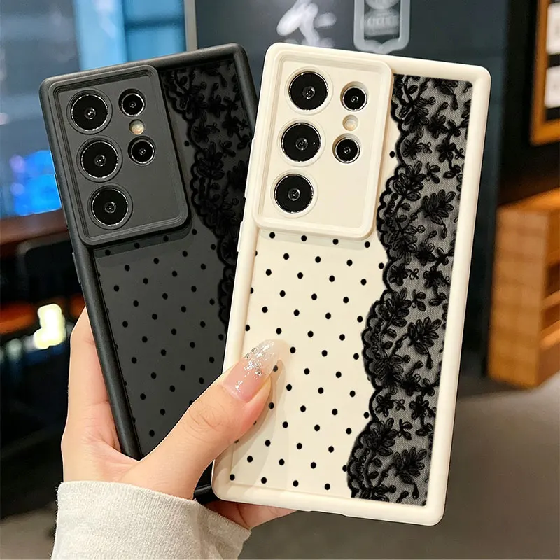 Vintage Polka Dot Lace Silicone Phone Case For Samsung Galaxy S26 Ultra S26 Edge S25 FE S24 S23 S22 ULTRA S21 PLUS S20FE