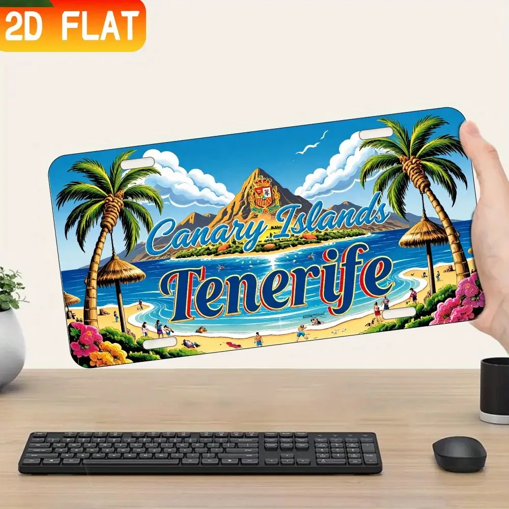 2D Flat, 1pc Vintage Tenerife Wall Decor, Spanish Canary Islands Metal Sign with Palm Trees & Coastline, Retro Iron Suitable for