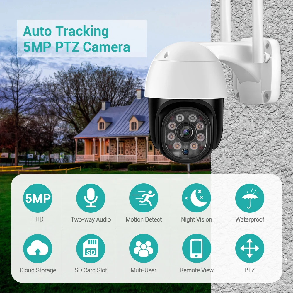 5MP PTZ Wifi Camera Video Surveillance 4xDigital Zoom AI Human Detection Dual Light Auto Tracking 1080P Wireless IP Camera ICSEE